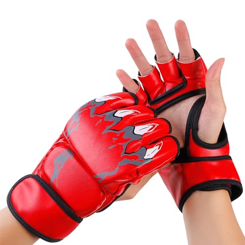 MMA Gloves Grappling Sparring, Half Finger Boxing Fight Gloves, Open Palm Martial Arts Mitts Men Women Boxing Gloves for Sanda Sparring Punching Bag Training - color: Red