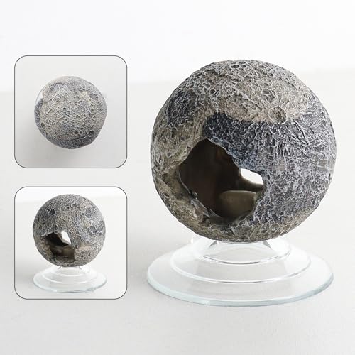 WishLotus Mini Fish Tank Decorations Cave, Moon Has Holes Fish Hideout for Aquarium with Suction Cup, Resin Aquarium Decorations for Play and Rest (Moon)