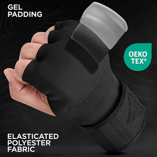 RDX Gel Boxing Hand Wraps Inner Gloves Men Women, Quick 100cm Long Wrist Straps, Elasticated Padded Fist Under Mitts Protection, Muay Thai MMA Kickboxing Martial Arts - color: Full Black, size: Large