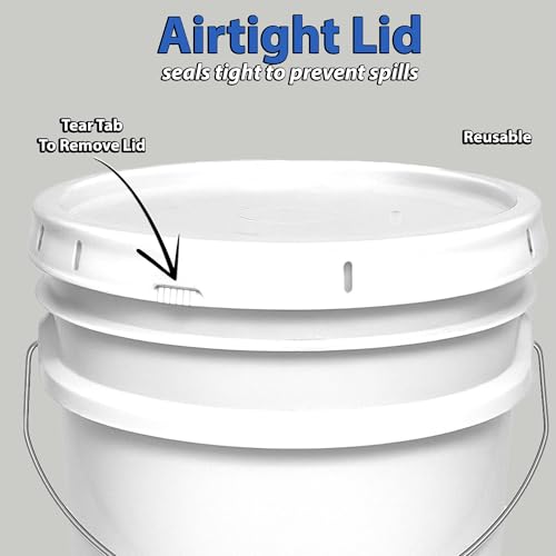 2-Gallon Bucket with Airtight Lid – Made in USA, Food Grade BPA Free Plastic, Heavy Duty Multi-Use, Metal Handle with Grip, Stackable Storage – White, 5 Pack