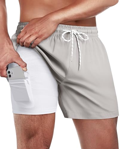 Gleeease 5 Inch Mens Swim Trunks with Compression Liner Men's Bathing Suit - color: Light Grey, size: Large