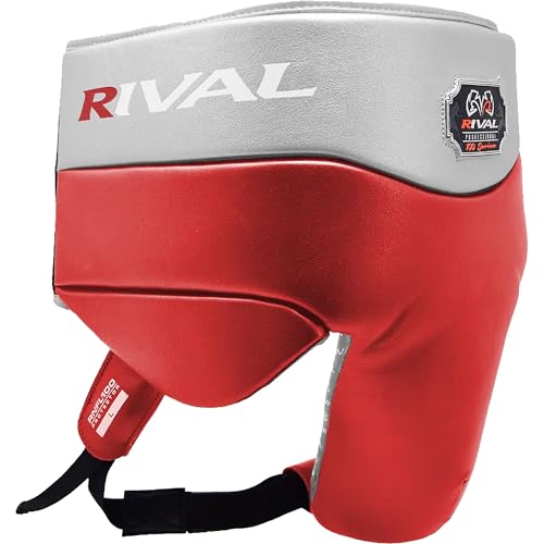 RIVAL Boxing RNFL100 Professional No-Foul Groin Protector with Laces, Dual Waist Straps, Ultra-Lightweight Construction, and Super-Rich Microfibre PU - color: Red/Silver, size: Large