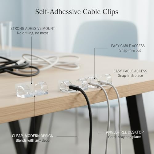 Self-Adhesive Cable Clips for Cord Management, Clear PP Plastic Wire Holders for Desk Edge and Wall