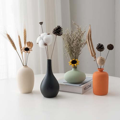 Ceramic Vase Set of 4 for Modern Home Decor Minimalist Bohemian,Round Matte Vases for Dried Flowers&Pampas Grass Ceramic Decoration for Office,Shelf,Living Room,Bedroom,Entryway Decor - size: Vase Set 4 with Dried Flower