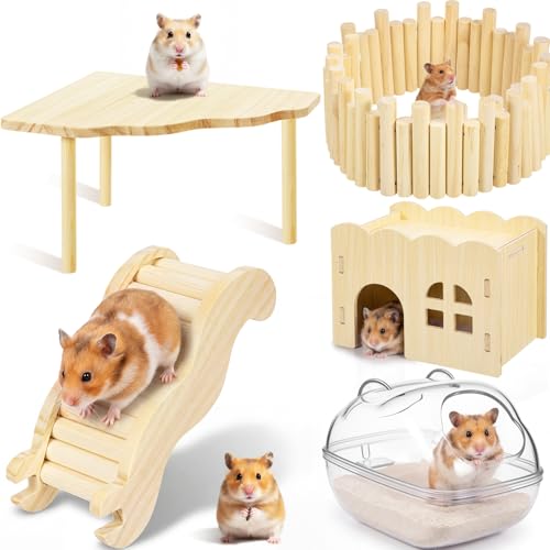 5 Pcs Hamster Platform Wooden Fence Bridge Ladder Climbing Toy Hidden House Exploring Toy with Hamster Bath Container Decor Cage Accessories for Small Animals Dwarf Syrian Gerbils Squirrel(Classic) - style: Classic