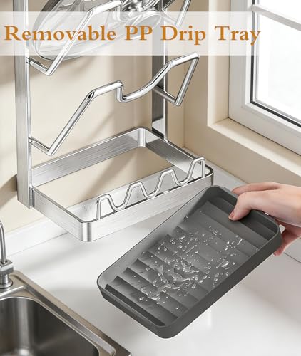 3-Tier Stainless Steel Pot Lid Holder, Extra Wide U-Shaped Kitchen Organizer Rack with Removable Drip Tray, No Plastic Silver(Fits Lids Up to 12 Inches) (Silver) - color: Silver