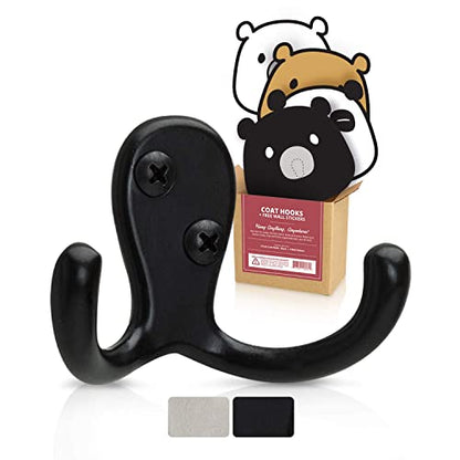 Jack N’ Drill 6+2 Coat Hooks w/ 4pcs. Cute Bear Stickers | Heavy Duty Hooks for Hanging Towels, Coat & Hat Rack | Wall Mounted Wall Hook for Kitchen and Bathroom Wall - color: Black Finish
