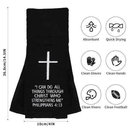 White Cross Football Towel, Cotton Sports Quarterback QB Towels with Hook Loop Closure for Men, Youth, Boys, Adults - color: Philippians 4:13（black）
