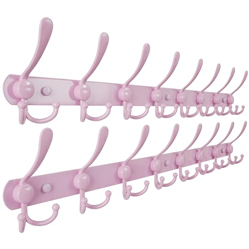 Dseap Coat Rack Wall Mount - 38” Long 10-Tri-Hooks Heavy Duty Coat Hanger Rail Wall Hooks for Hanging Coats Hats Clothing Clothes Purse Mudroom Entryway, Pink, Pack of 2 - color: Pink, size: L=38” (2 Pcs)