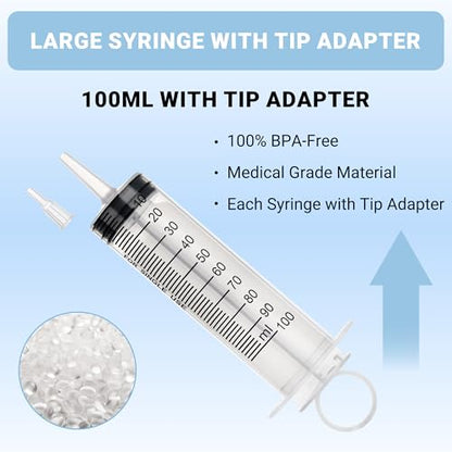 100ml Large Syringe, Plastic Syringes for Liquid with Tip Adapter, Epoxy Syringe for Scientific Labs, Oil Transfer, Plant Watering & Refilling, Individual Sealed, 5 Pack - style: 100 ML