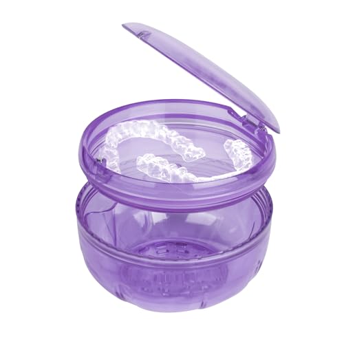 Retainer Cleaner Case,Double Layer Denture Cup for Soaking - color: Purple