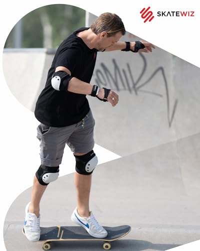 SKATEWIZ Skateboard Pads Protective Gear Set for Kids and Adults - Smash - Roller Skate Pads [6pc] with Wrist Guards - Skating Protective Gear - Roller Derby - color: Black White, size: M/L - Kids/Teens