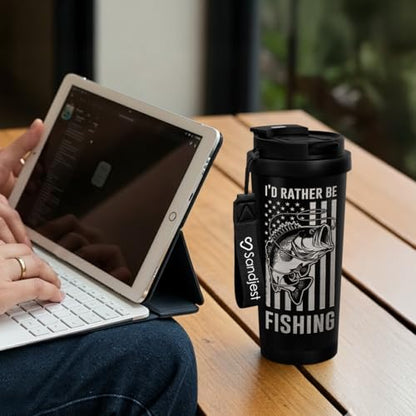 SANDJEST Fishing Tumbler - Stainless Steel 2-in-1 Lid Coffee Tumbler 18 oz, Insulated Travel Mug Gift for Men Husband Dad, Birthday Christmas
