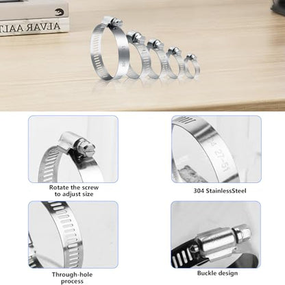 25 Pcs Adjustable Stainless Steel Hose Clamps Assortment, 1/4-2 in (6-51mm) Metal Pipe Clampss, Heavy Duty Automotive Worm Gear Hose Clamps for Plumbing Garden Home Washing Machine, etc