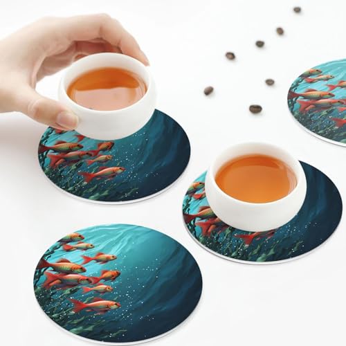 Drink Coasters Set of 4 Leather Coasters for Drinks Fish Aquarium Round Cup Mat Pad Easy Clean Bar Coasters Heat Resistant Funny Cup Coasters for Tabletop Protection,4 Inches
