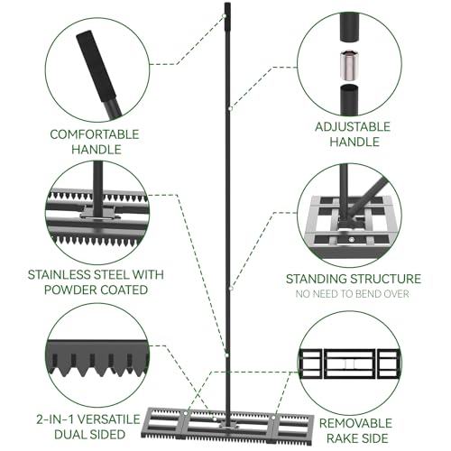 Housolution 32"x10" Lawn Leveling Rake with Serrated Edge & Smooth Plate, Heavy-Duty Stainless Leveling Rake with 72" Adjustable Handle, Serrated Rake for Soil/Dirt/Compost/Dead Grass/Gravel