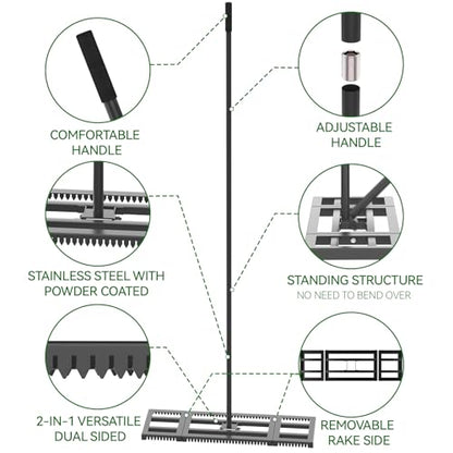 Housolution 32"x10" Lawn Leveling Rake with Serrated Edge & Smooth Plate, Heavy-Duty Stainless Leveling Rake with 72" Adjustable Handle, Serrated Rake for Soil/Dirt/Compost/Dead Grass/Gravel