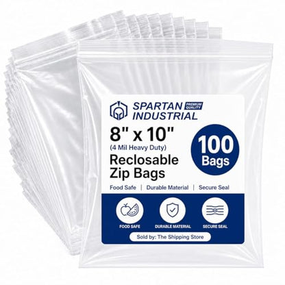 Spartan Industrial - 8” X 10” (100 Count) 4 Mil Heavy Duty Clear Plastic Reclosable Zip Poly Bags with Resealable Lock Seal Zipper - size: 8" X 10"