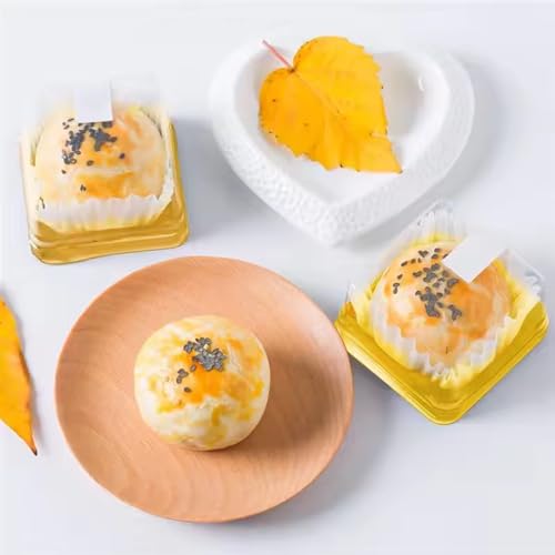50Pcs Square Plastic Cake Boxes with Lids, 2.73" Clear PET Dessert Containers for Cupcakes, Muffins, Pastries, Bakery Packaging for Wedding, Birthday, Party Favors (gold base) - color: gold base