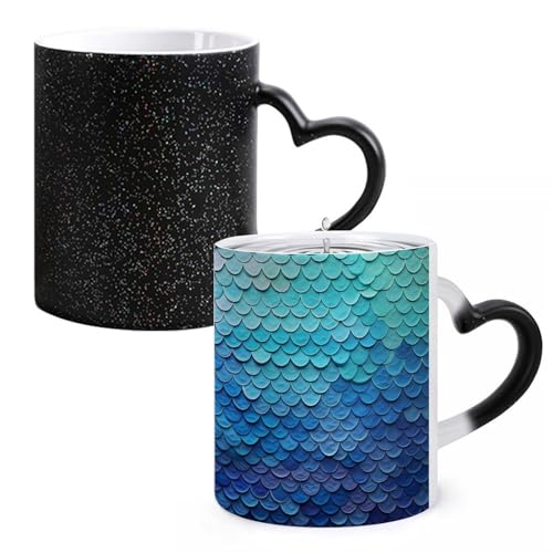 Blue Fish Scale Color Changing Mug Heat Sensitive Coffee Mug Magical Ceramic Coffee Cup Personalized Tea Cup Message Appears As It Heats Novelty Gift for Family Friend