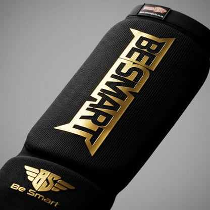 Be Smart MMA Shin Guards for Kickboxing, Muay Thai & Martial Arts – Padded Instep Protection, Lightweight Cotton Elastic Shin Pads – Adult & Youth Training Gear - color: Black/Gold, size: Small-Medium
