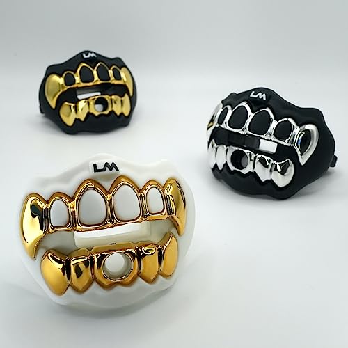 Loudmouth Football Mouth Guard for Youth & Adult - 3D Chrome Grillz White Gold Teeth Mouthpiece with Strap, No-Boil Braces-Friendly Sports Mouthguard (Chrome White/Gold) - color: 3d Grillz - Chrome White/Gold