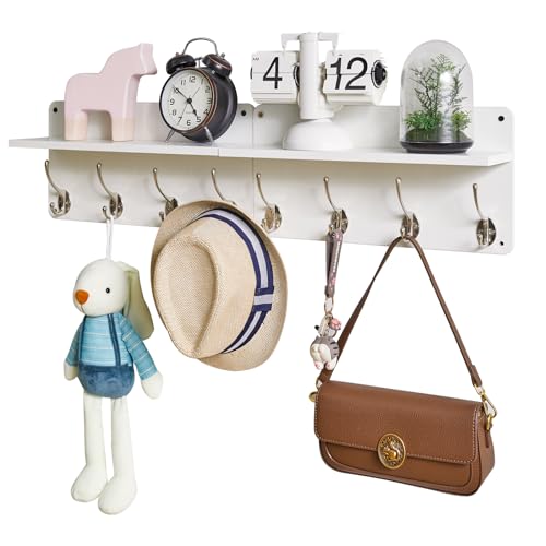 YMYNY 31.5" Coat Rack Wall Mount with Shelf and 8 Hooks, White, HWS006W-2 - color: White