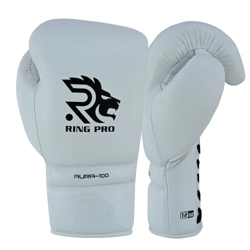 Aura 100 Full Grain Leather Lace Up Boxing Gloves for Men & Women – Professional Training, Sparring, Competition, Muay Thai, Kickboxing & Heavy Bag Gloves - color: White, size: 16 OZ