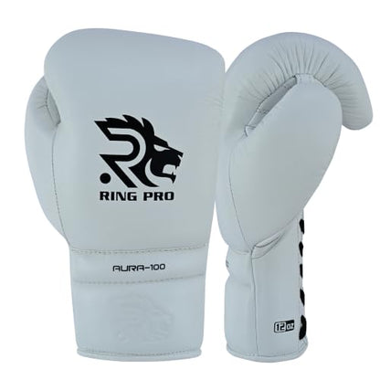 Aura 100 Full Grain Leather Lace Up Boxing Gloves for Men & Women – Professional Training, Sparring, Competition, Muay Thai, Kickboxing & Heavy Bag Gloves - color: White, size: 16 OZ