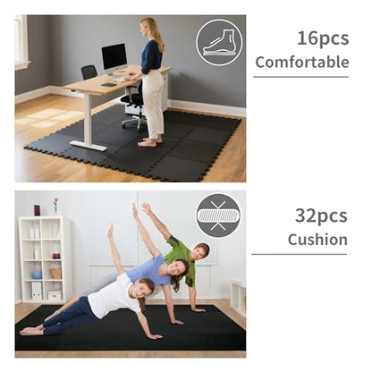 BODYTECH Interlocking EVA Soft Foam & Rubber Floor Mats 18"x18"x1/2", 32 Tiles(72 sqft), Black - Ideal for Home Gym, Kids Playroom, Workout & Pool | Shock - Absorbent, Waterproof Black