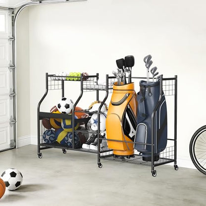 WALMANN Golf Bag Storage with Wheels, Rolling Sports Equipment Organizer | Large Capacity Garage Storage Cart for Balls, Golf Bags, Sports Gear - style: Rolling Stand for 2 Bags