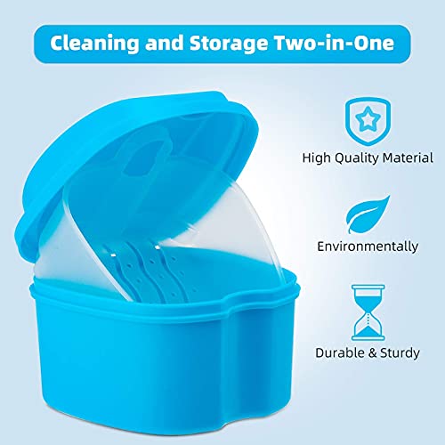 Dental Orthodontic Retainer Case Cleaning with Strainer Basket, Denture Bath Box Soaking Cup Mouthguard Storage Holder - Blue - color: Blue