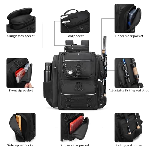 Fishing Backpack, fishing bag with Rod Holders. Large tackle Backpack Strong Materials