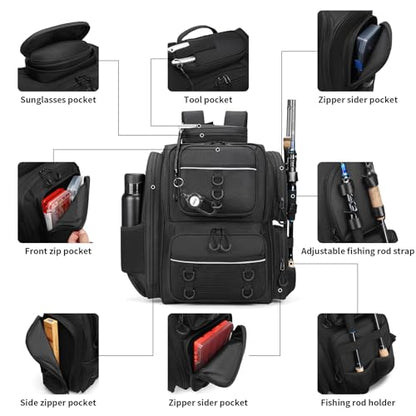 Fishing Backpack, fishing bag with Rod Holders. Large tackle Backpack Strong Materials