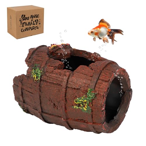Fish Tank Decorations - Aquarium Cave Decor, Resin Hollow Tree Trunk Reptile Hide & Betta Log Hideout for 20 Gallon Tank, Fish Accessories Shelter Cave - color: Wooden Barrel