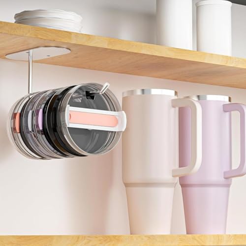 Tumbler Lid Organizer 1Pack, Paper Towel Holder Space Saving Cup Lid Organizer, Self-Adhesive or Drilling Tumbler Lid Hook for Kitchen Organizers and Storage (Silvery)