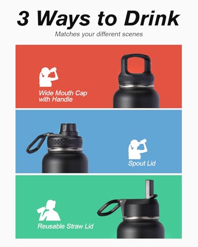 Coolflask 32 oz Water Bottle Insulated with Straw & 3 Leakproof Lids - color: Piano Night, size: 32 Ounces