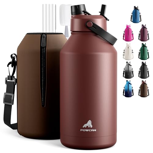 POWCAN 64 oz Insulated Water Bottle with Carrier Bag, Leakproof, Straw and Spout Lid, Keep Cold 48H, Cleaning Brush, BPA-Free, Stainless Steel Water Bottle for Travel, Sports and Picnic (Cocoa) - color: Cocoa