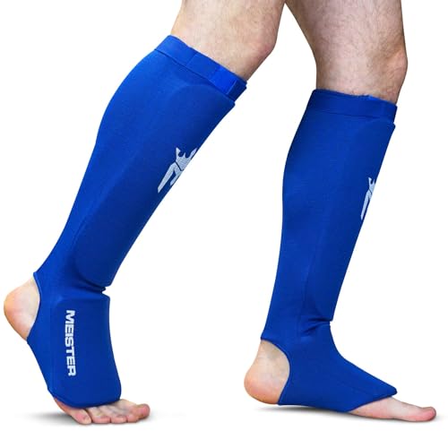 Meister MMA Elastic Cloth Shin & Instep Padded Guards (Pair) - color: Blue, size: Youth/X-Small