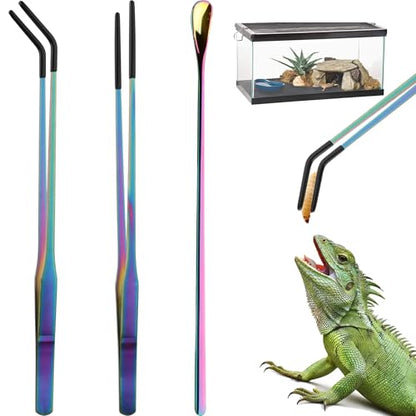 10.6" Colorful Reptile Feeding Tongs Set with Spoon(3 Pack) | Terrarium & Aquarium Essential Feeding Tools,Appropriate Length,Stainless Steel,Straight & Curved,Soft Rubber Tips