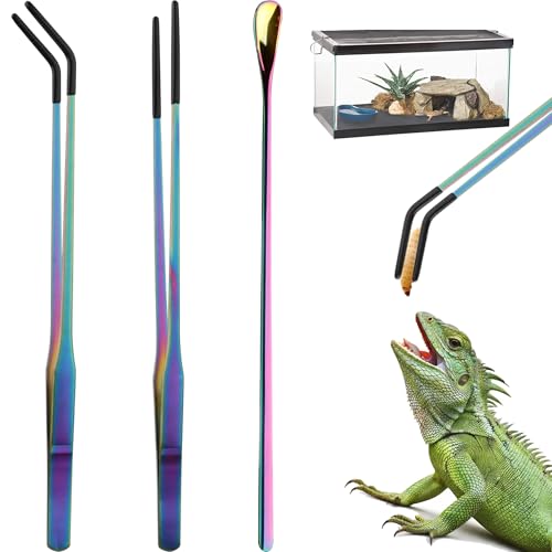 10.6" Colorful Reptile Feeding Tongs Set with Spoon(3 Pack) | Terrarium & Aquarium Essential Feeding Tools,Appropriate Length,Stainless Steel,Straight & Curved,Soft Rubber Tips