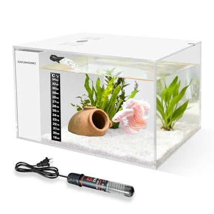 Fish Tank Betta 2.5 Gallon Desktop Small Beta Fish Aquarium Starter Kit with 25W Heater LED Light and Mini Water Pump & Filter Media Compact Aquarium for Betta Fish, Shrimp(White)