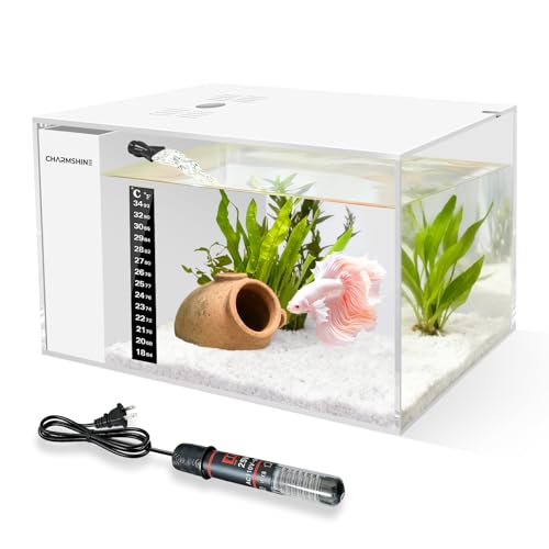 Fish Tank Betta 2.5 Gallon Desktop Small Beta Fish Aquarium Starter Kit with 25W Heater LED Light and Mini Water Pump & Filter Media Compact Aquarium for Betta Fish, Shrimp(White)