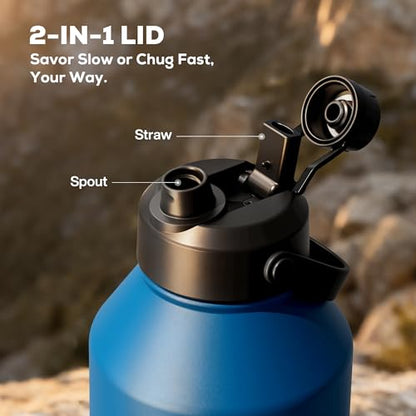 POWCAN 64 oz Insulated Water Bottle with 2-in-1 Straw Spout Lid, Leakproof, Carrier Bag, Shoulder Strap, Keep Cold 48H, Half Gallon Stainless Steel Water Jug for Men, Sports, Camping, Fitness (Indigo) - color: Indigo