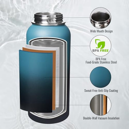 Fijinhom Insulated Water Bottle with Handle, 304 Stainless Steel Water Bottles with Wide Mouth, Double Wall Vacuum Sports Water Bottle, BPA Free, Keep Cold and Hot, 32 Ounces Blue&Black - color: Blue/Black, size: 32 Ounces