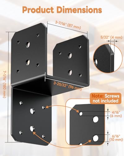 4 Pack Heavy-Duty Post Cap Tie Brackets- 4x4 Post Anchor & Joist Connector Kit Without Screws, Secure Wood Beam to Decks, Gazebos, Porches (Black-4 Pcs)