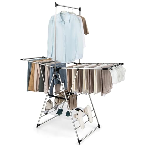 Tangkula 2-Layer Stainless Steel Drying Rack, Foldable Laundry Rack w/ 1 Hanging Bar & 2 Height-Adjustable Wings, 23 Drying Rails, Netting Clothe Drying Rack, No Assembly Required - size: 61.5" x 23.5" x 72"
