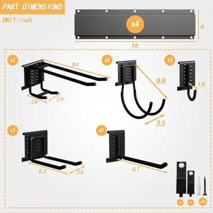 CBWLWJ 64 Inch Garage Tool Organizer Wall Mount, Heavy Duty Steel Storage Rack with 10 Adjustable Hooks, 680 lbs Capacity for Garage, Shed, Basement, Workshop,（Black） - size: 64inch+10Hooks+2strap