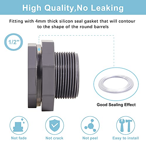 1/2 Inch PVC Bulkhead Water Tank Connector Adapter Fitting with Plugs Thru-Bulk Pipe Fitting for Rain Barrels, Aquariums, Ponds(Set of 3) - size: 1/2"-3pcs