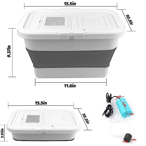 Hikary13L Fishing Bucket with Mini Oxygen Pump,Fish Transport Container,Portable Folding Collapsible Minnow Bucket Fish Live Container Box with Breathable Mesh Space Saving Outdoor Traveling Fishing - color: Gray